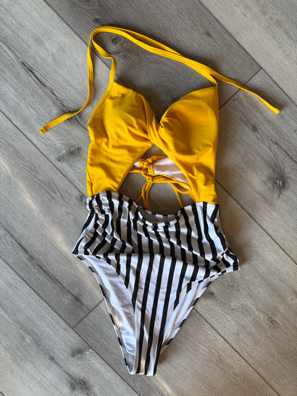 Striped Black & White Swimsuit Yellow Triangle Top